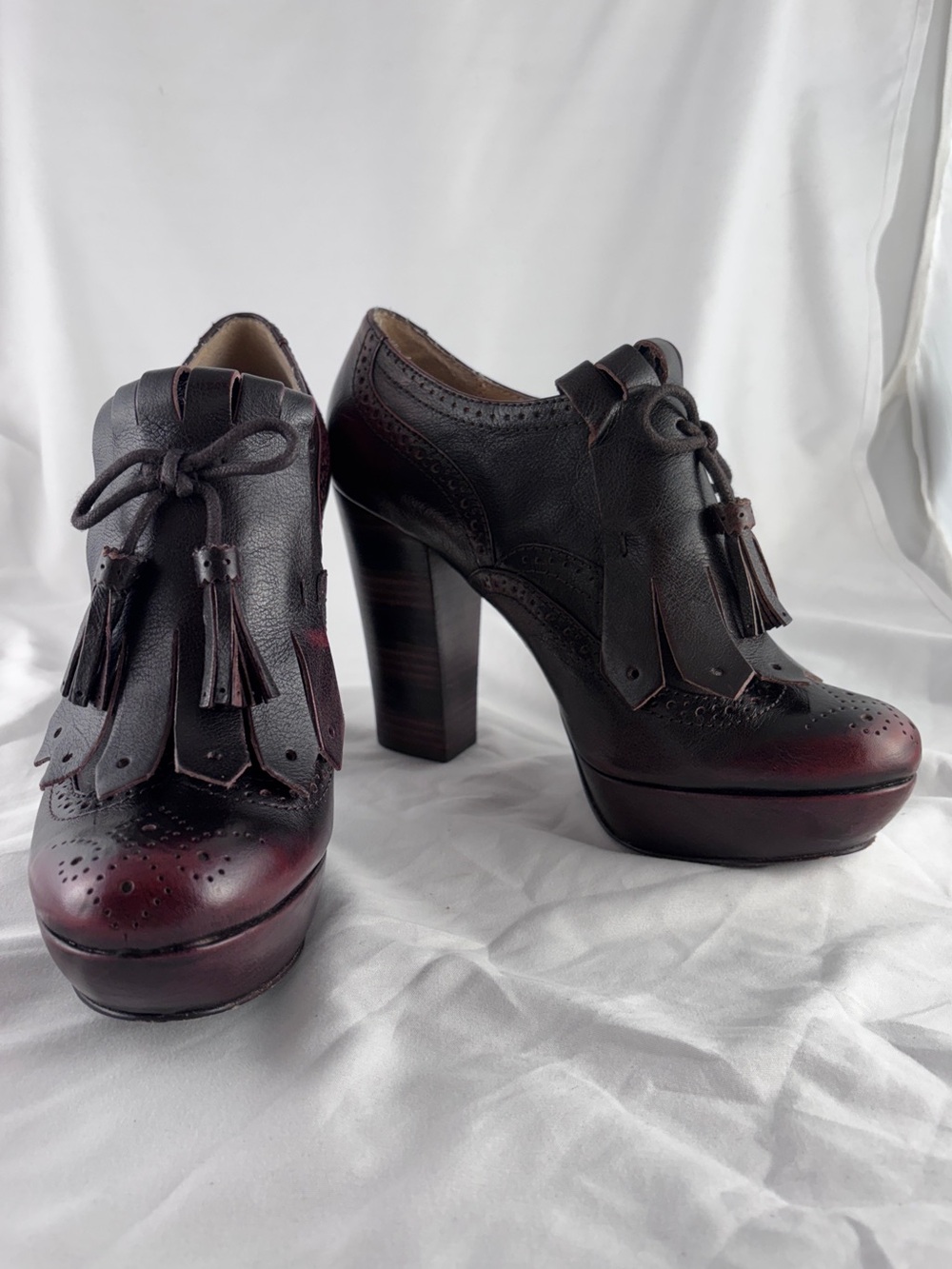 Frye Naiya Kiltie Oxford Platform Heel Dark Brown Leather US Womens Size 8.5 M